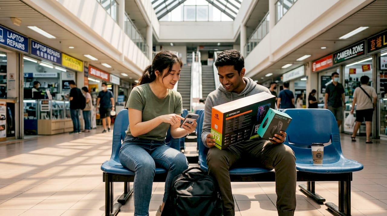 Friends comparing electronics deals inside mall