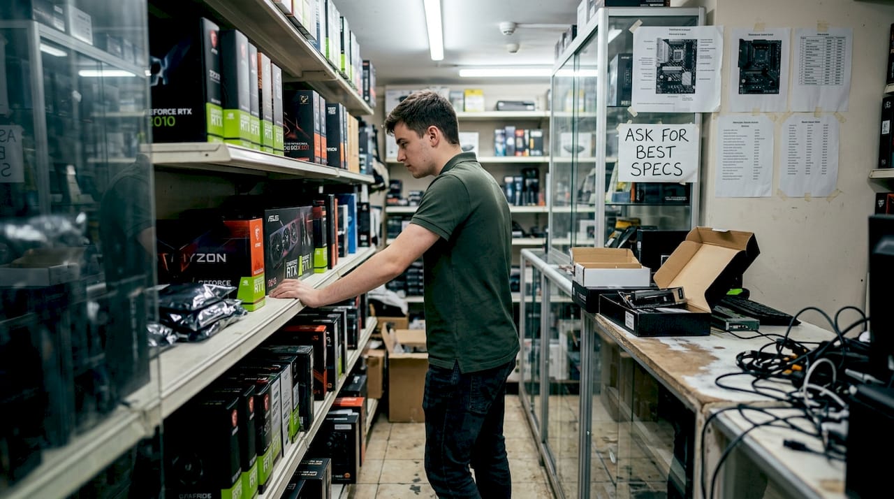 Shopper examines PC parts in cluttered tech store