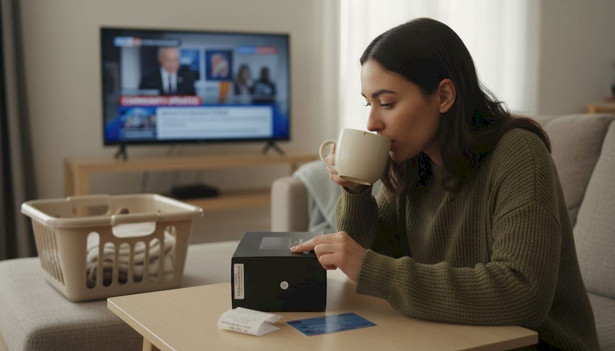 Woman validating tech product authenticity at home