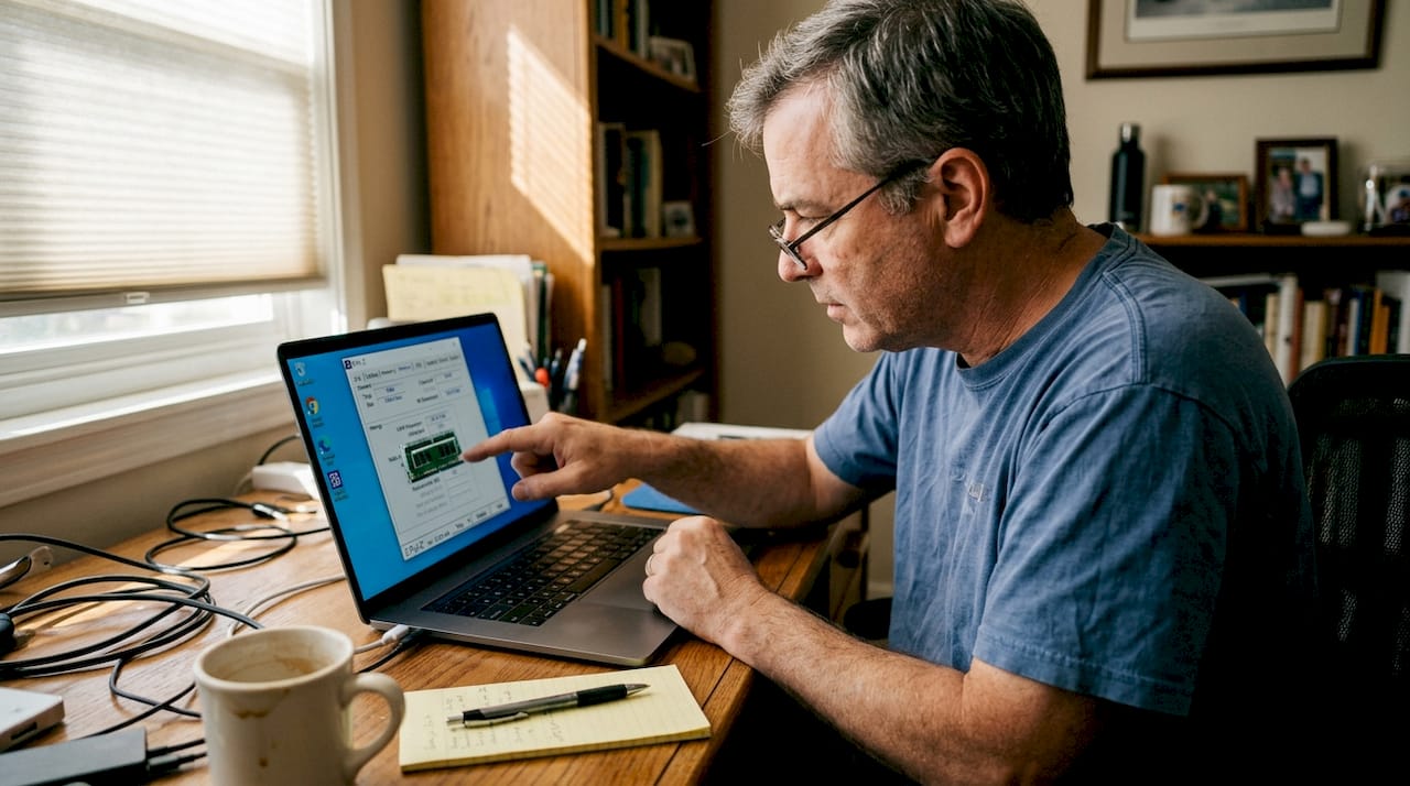 Man checking laptop compatibility with software tool