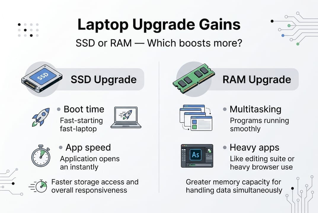 Infographic comparing SSD and RAM upgrade benefits