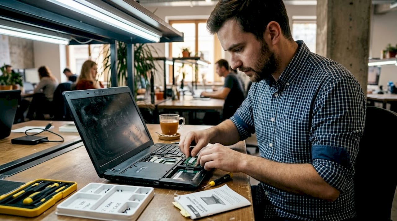 Upgrading RAM inside a laptop at desk
