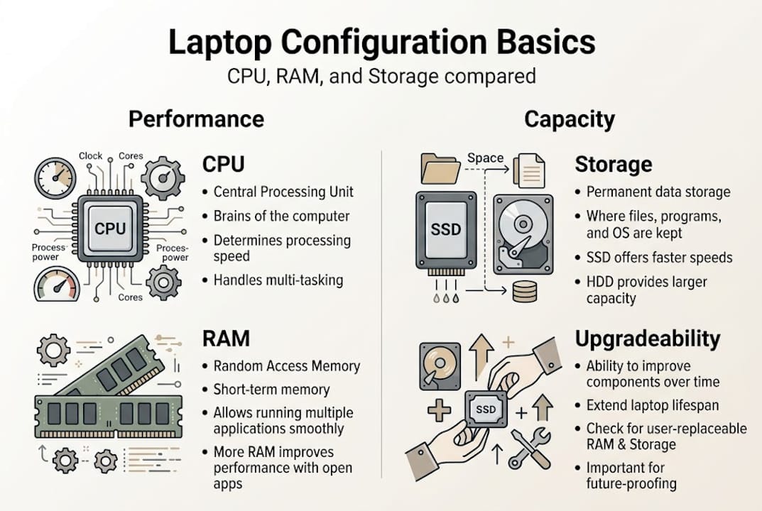 Laptop basics infographic with components overview