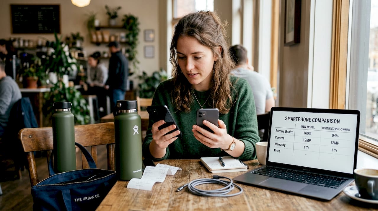 Woman comparing new and refurbished devices