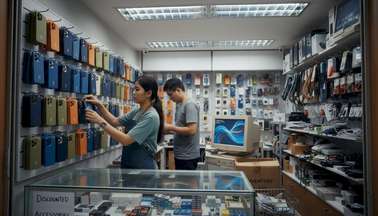 Shop assistant arranging phone cases in Sim Lim Square