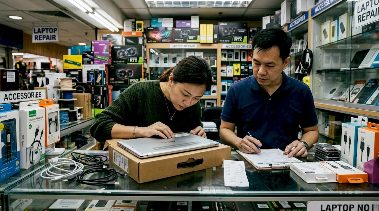 Customer verifying tech product authenticity at counter