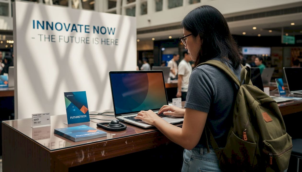Shopper testing laptops in Singapore electronics store