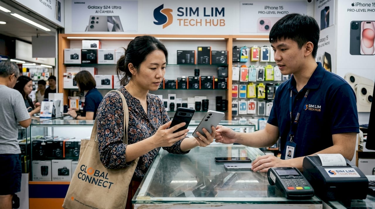 Customer comparing phones at gadget shop