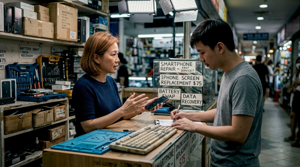 Customer speaking to technician at repair stall