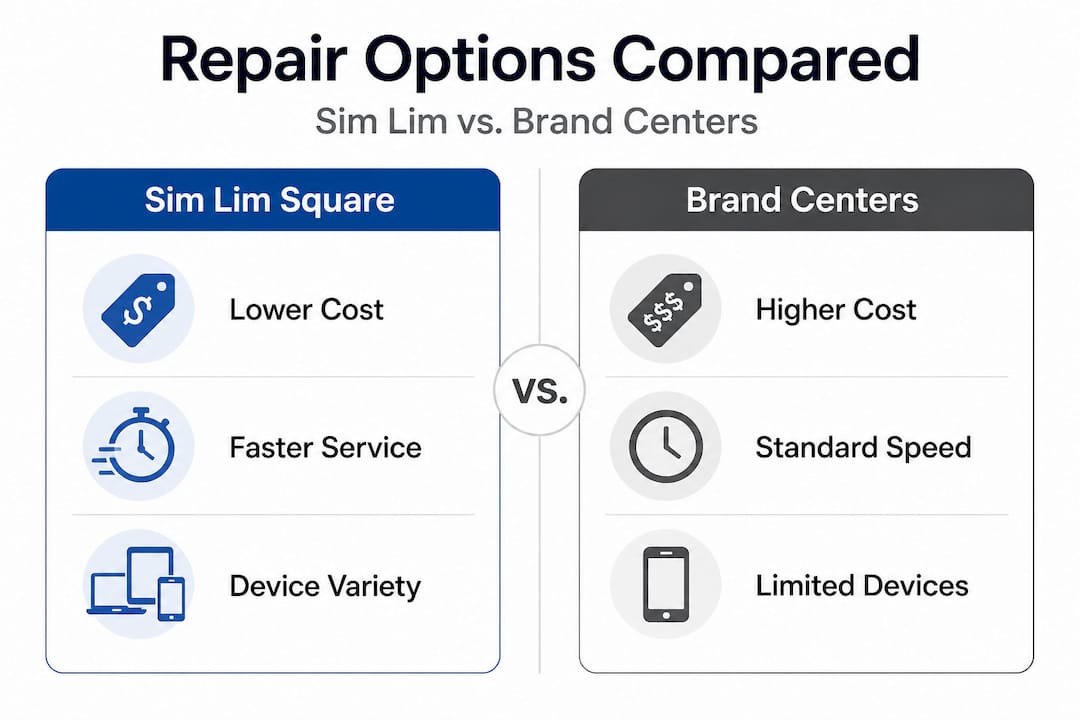 Infographic comparing Sim Lim Square and brand repair centers