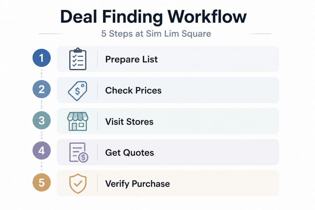 Infographic of five steps for Sim Lim tech deals