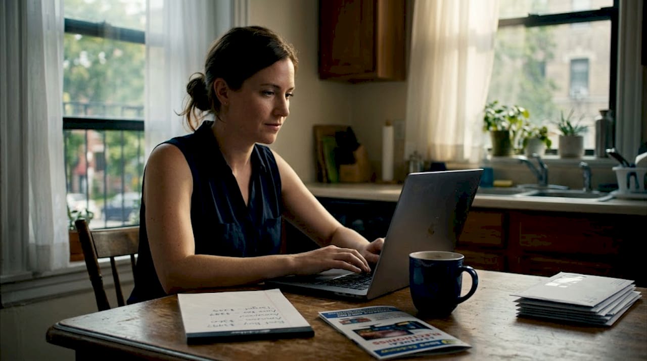 Woman comparing electronics prices online at home