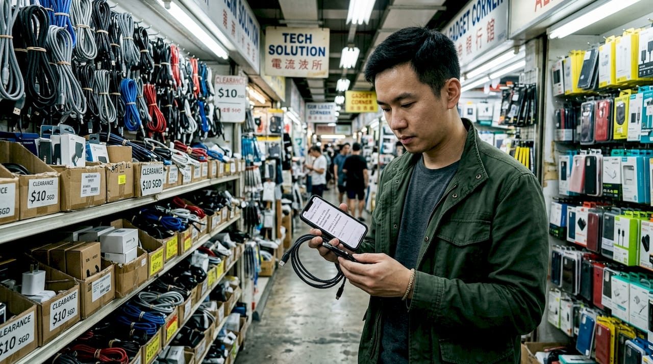 Shopper browsing cables and accessories aisle