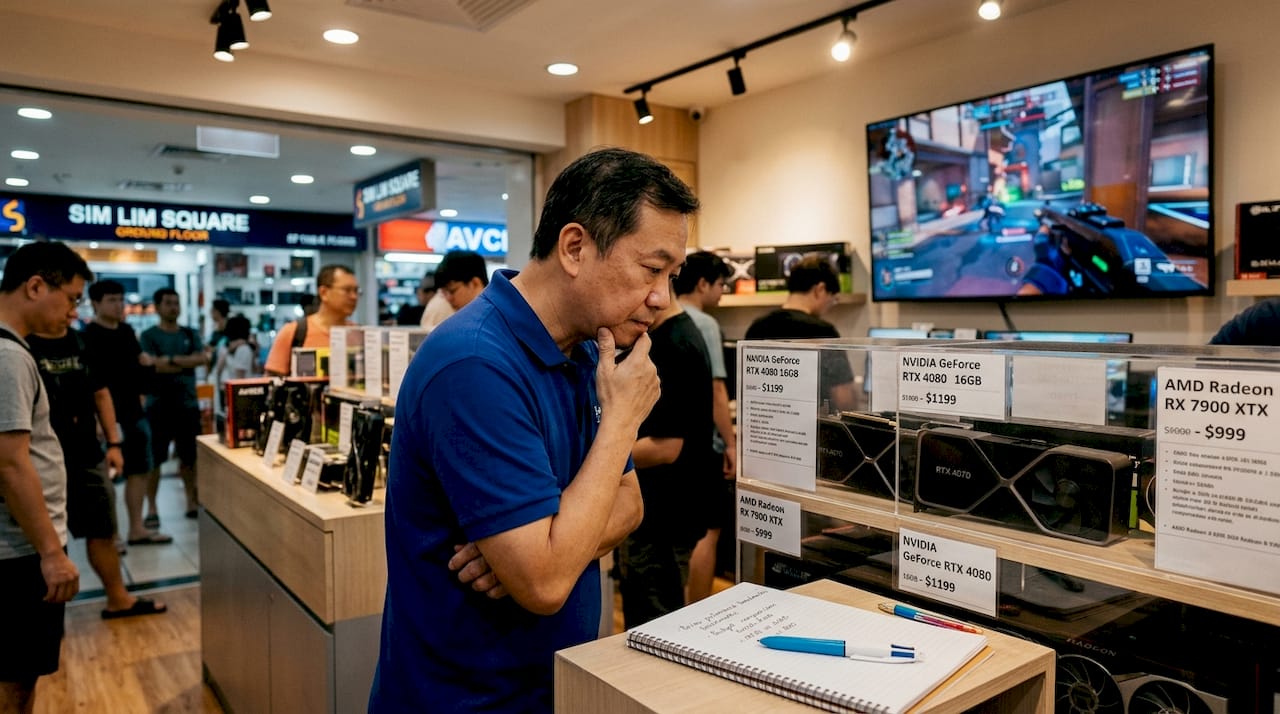 Customer exploring tech shop at Sim Lim Square