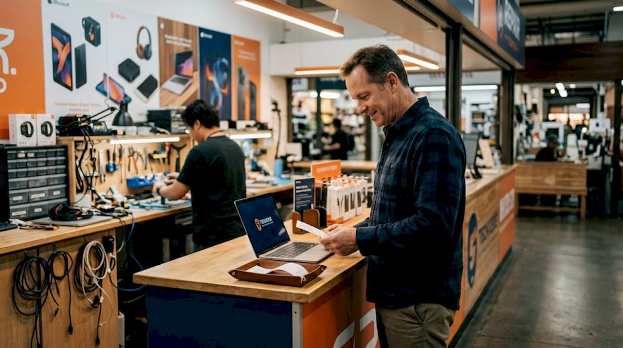 Customer reviews repair receipt at electronics shop