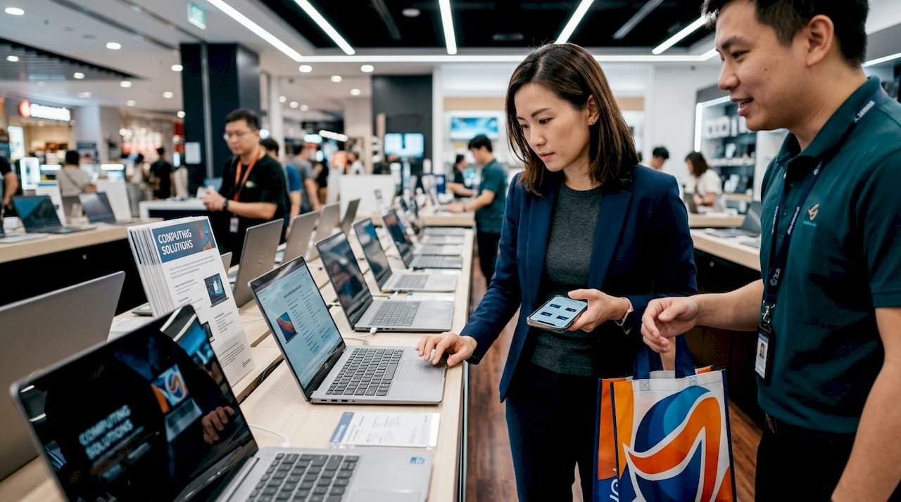 Shopper browsing laptops at Singapore retailer