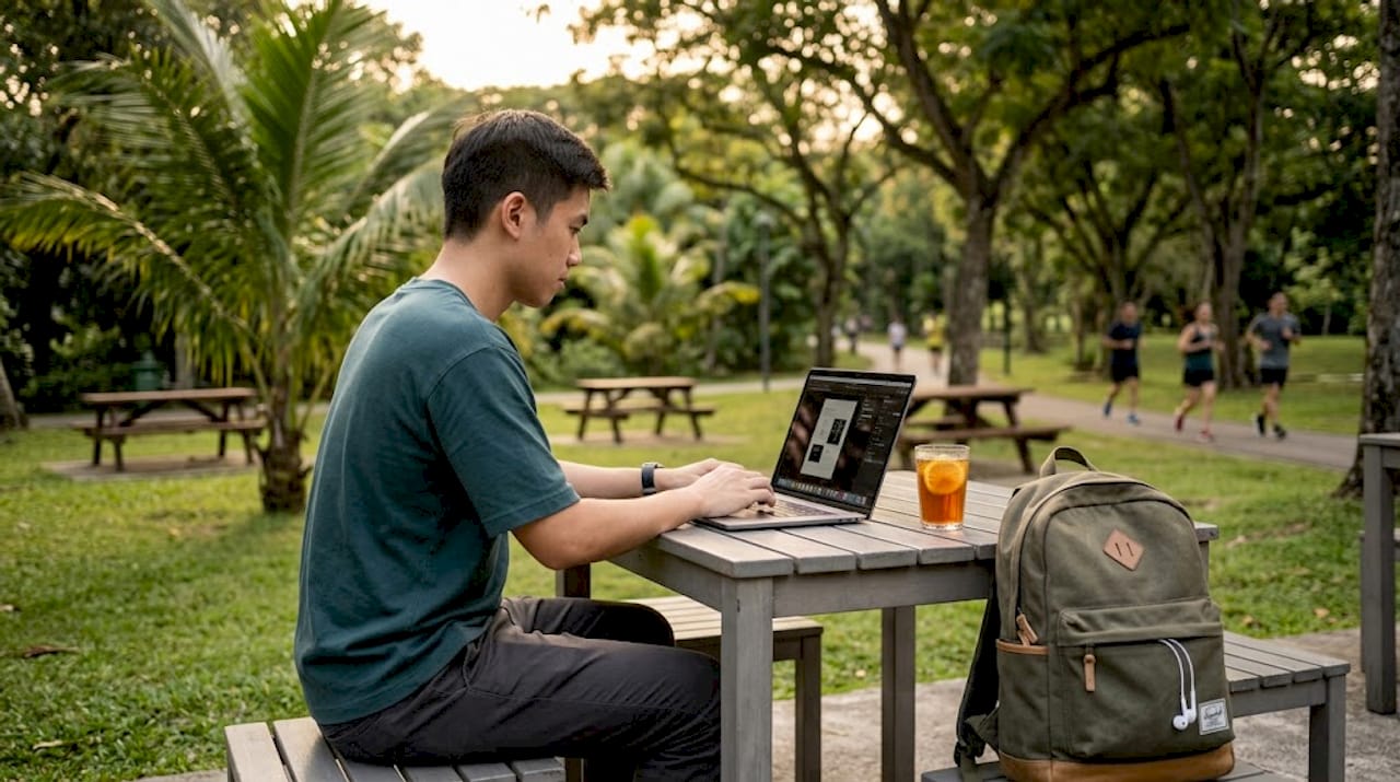 Man working on laptop at Singapore street café