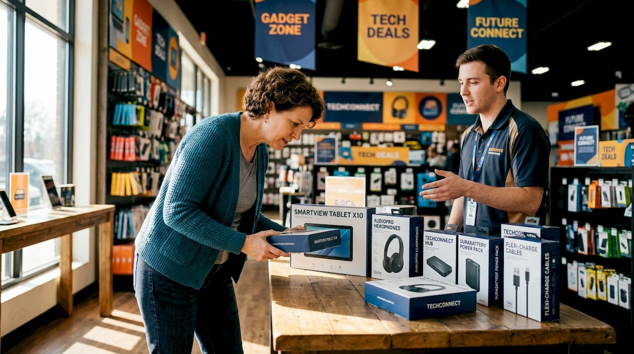 Shopper talking to clerk at electronics store counter