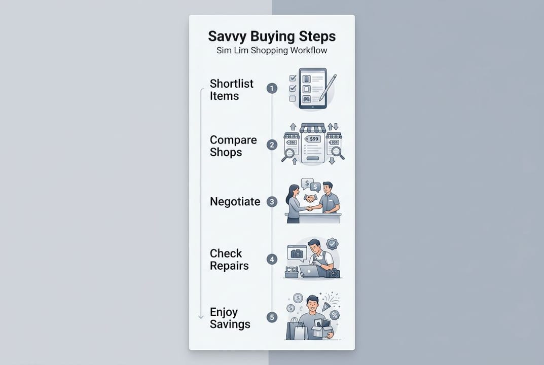 Infographic showing Sim Lim shopping workflow steps