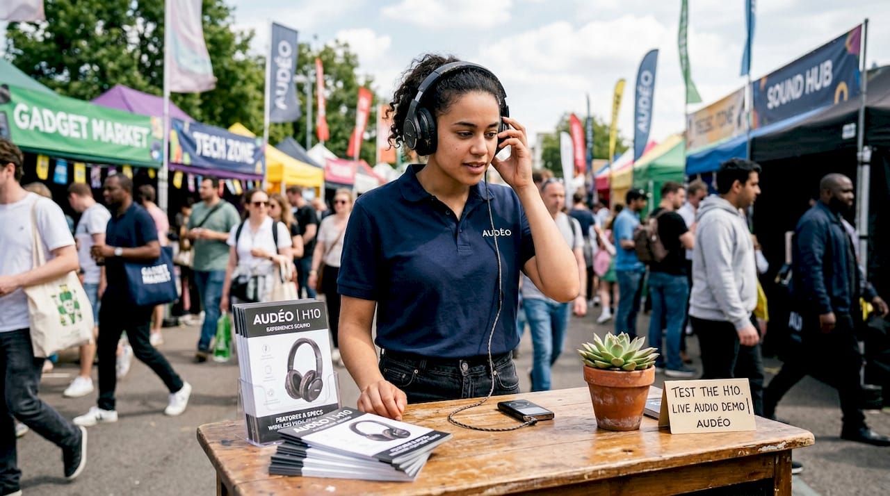 Customer testing demo headphones in store