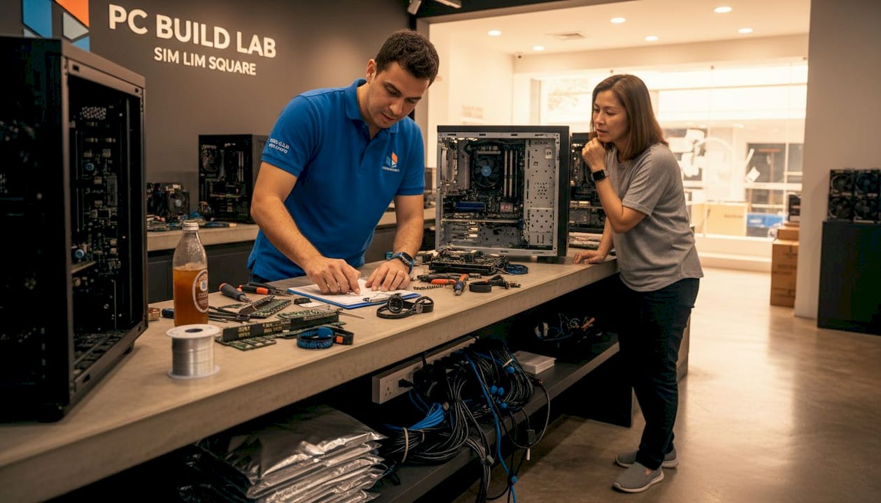 Technician and customer discuss PC assembly details