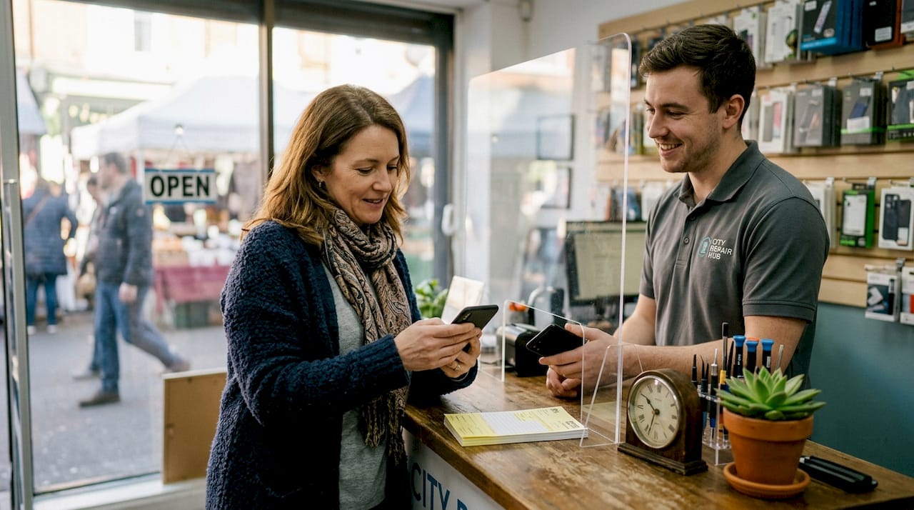 Customer collects repaired phone at service counter