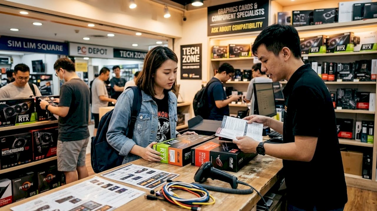 Local customer comparing electronics at tech shop