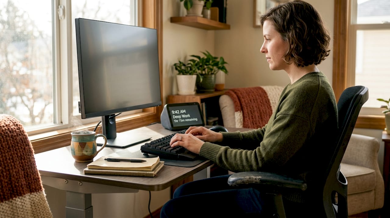 Woman working near desk health monitoring device