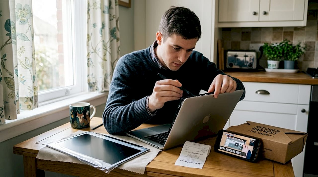 User performing laptop screen replacement