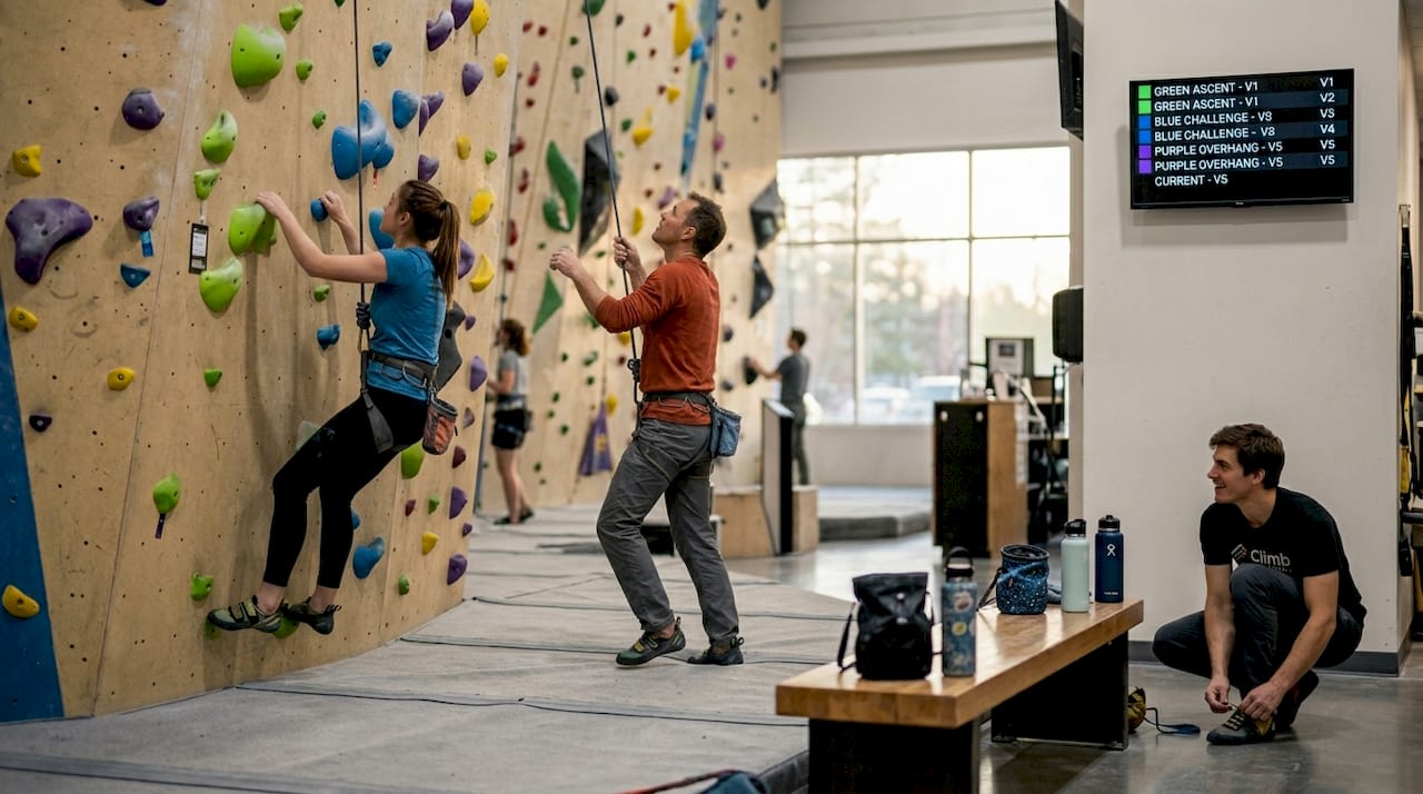 Climbers ascending indoor wall at Funan