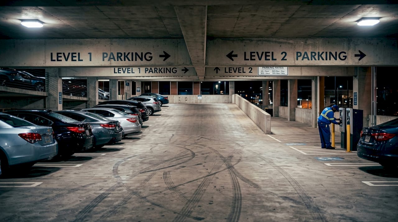 Interior of Funan multi-level parking garage with cars