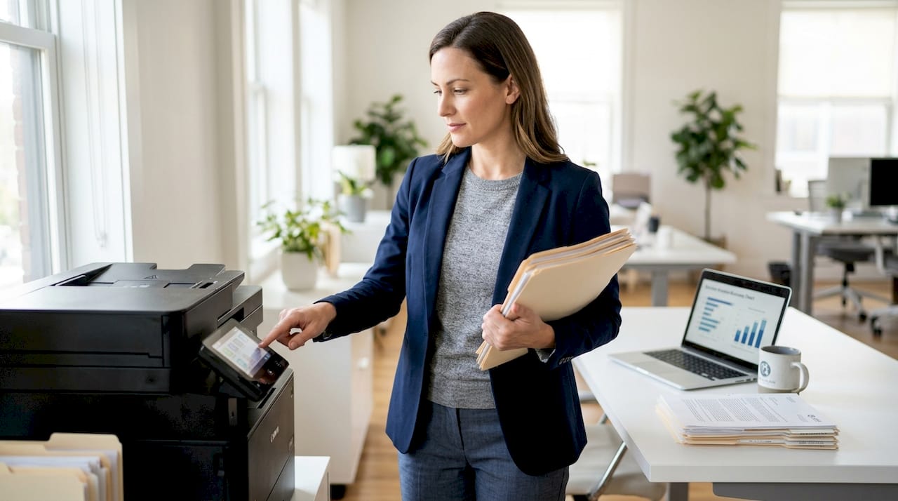 Woman operating laser printer in office