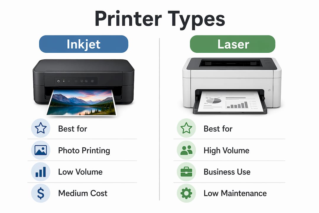 Comparison infographic of inkjet vs laser printers
