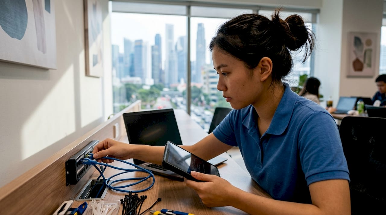 Technician connecting cables in server room