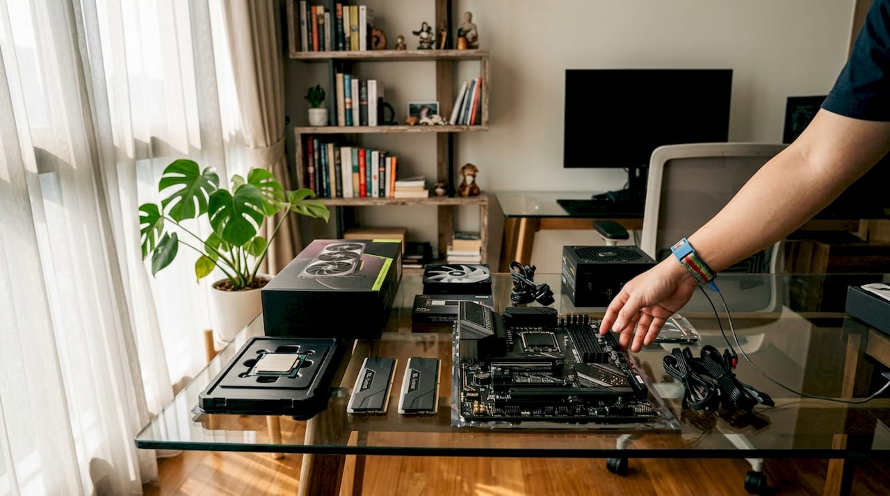Overhead view of PC build components laid out on desk