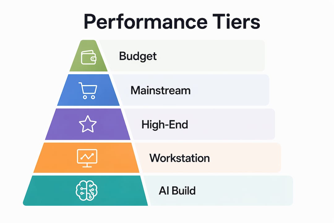 Infographic illustrating custom PC performance tiers in Singapore