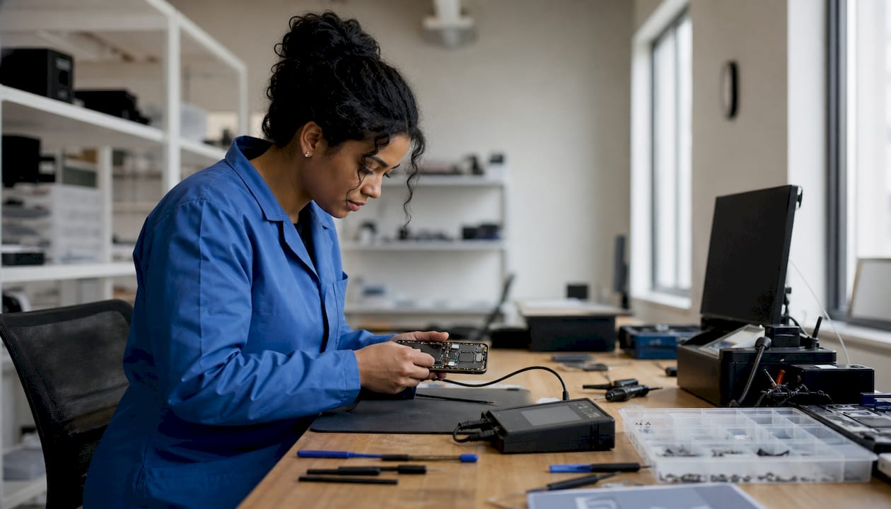 Hands operating smartphone diagnostic tool on repair table