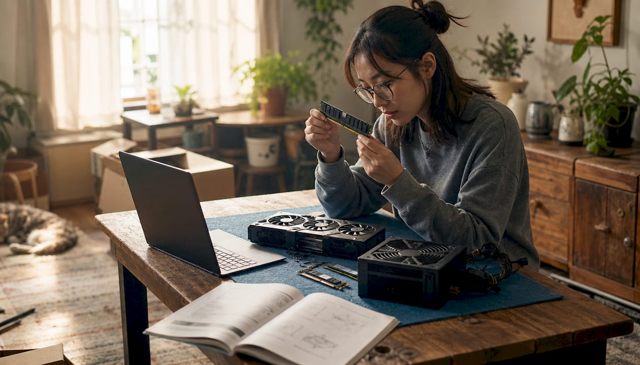 Person sorting PC components on desk