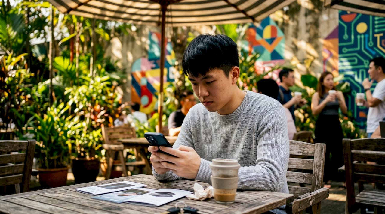 Hands browsing tech marketplace on smartphone