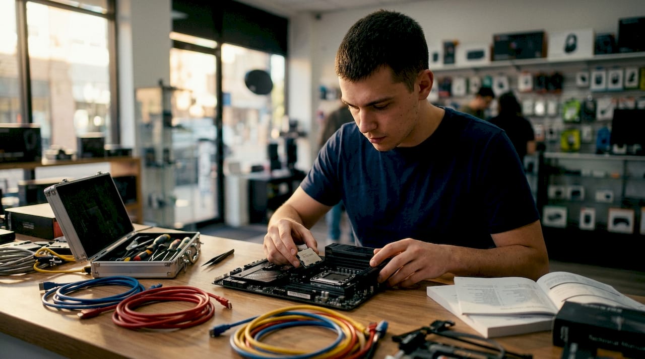 Hands holding CPU and motherboard socket close-up