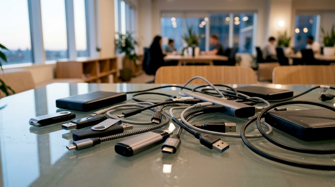 Close-up overhead view of assorted USB devices