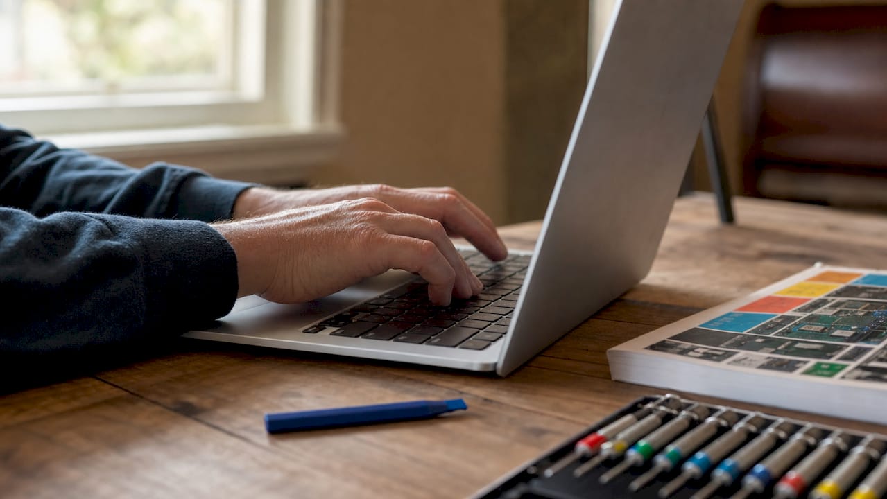 Technician typing system repair commands on laptop