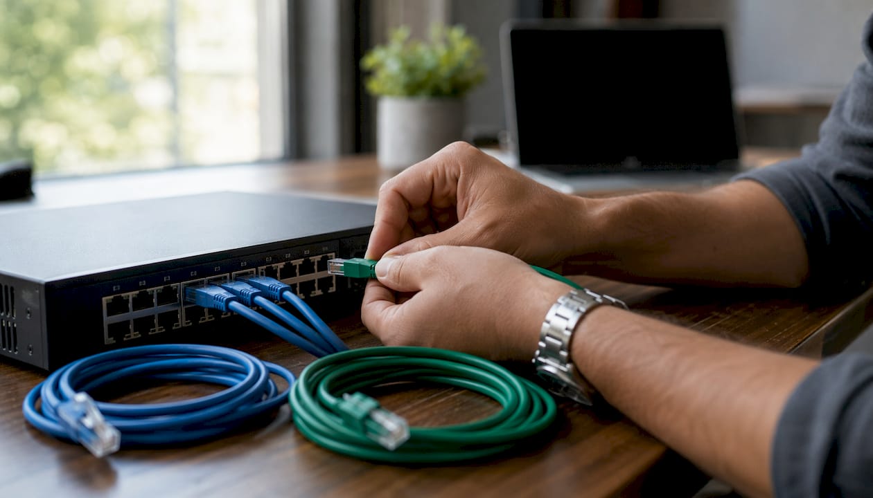 Overhead view of business network switch with Ethernet cables