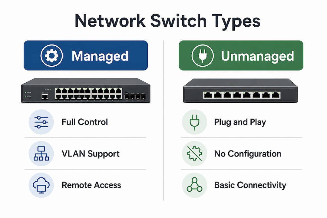 Infographic comparing managed and unmanaged network switches