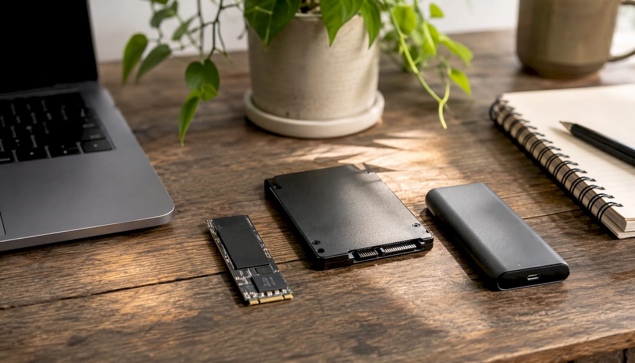 Three SSD types on white surface overhead view