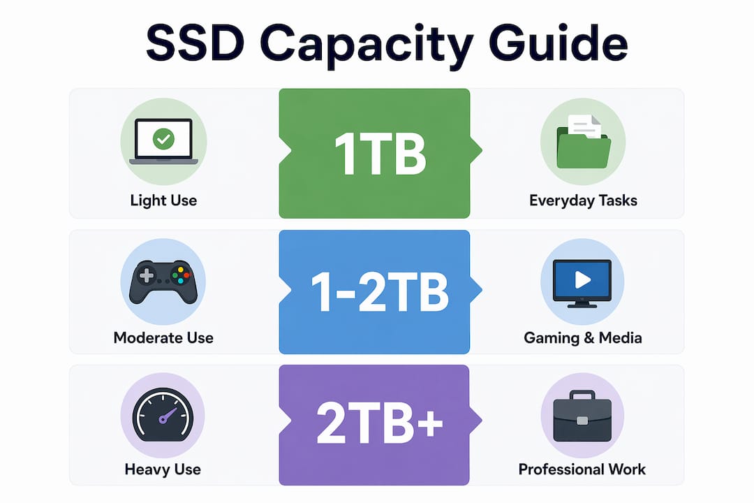 Infographic with SSD capacity recommendations by use case