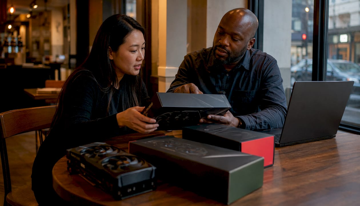 Two professionals comparing GPU brands
