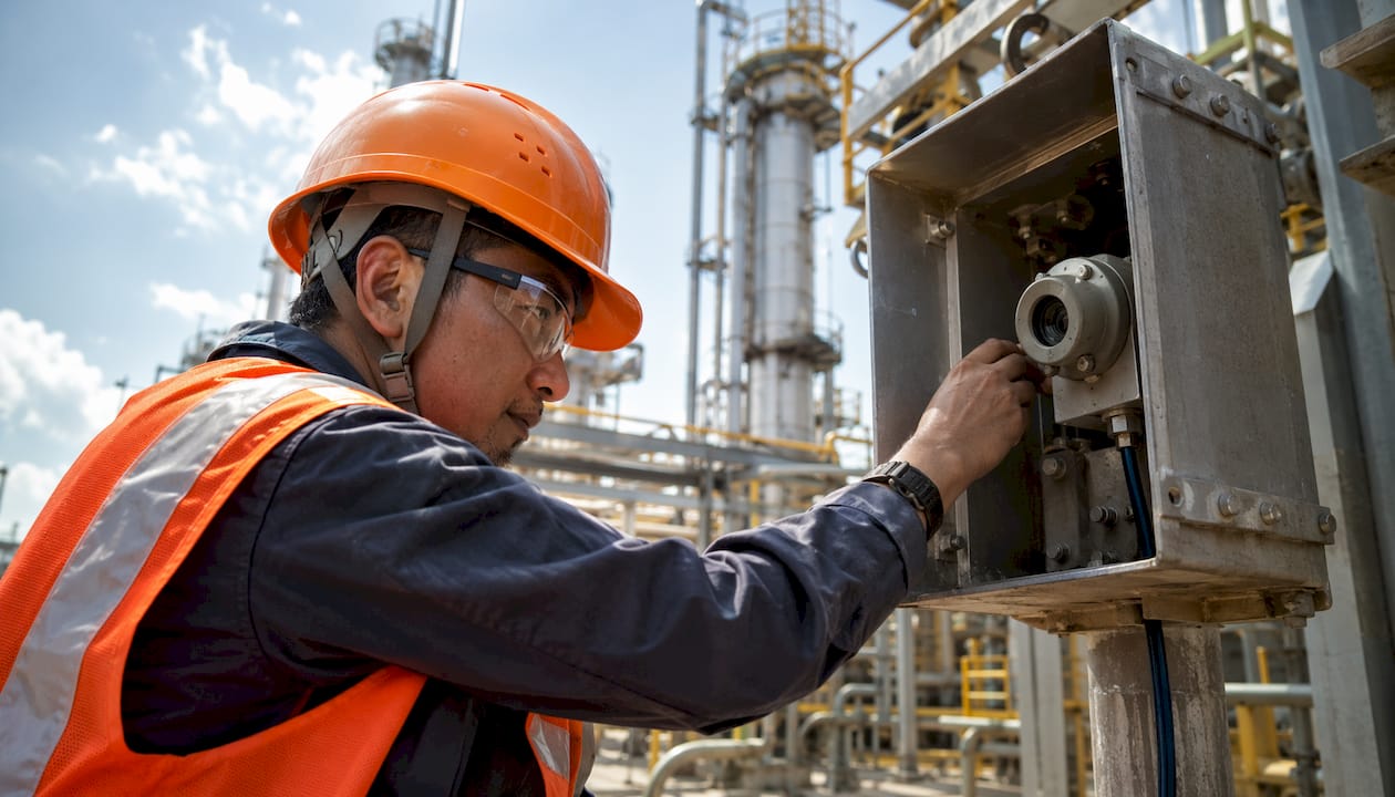 Engineer inspecting explosion-proof thermal sensor outdoors