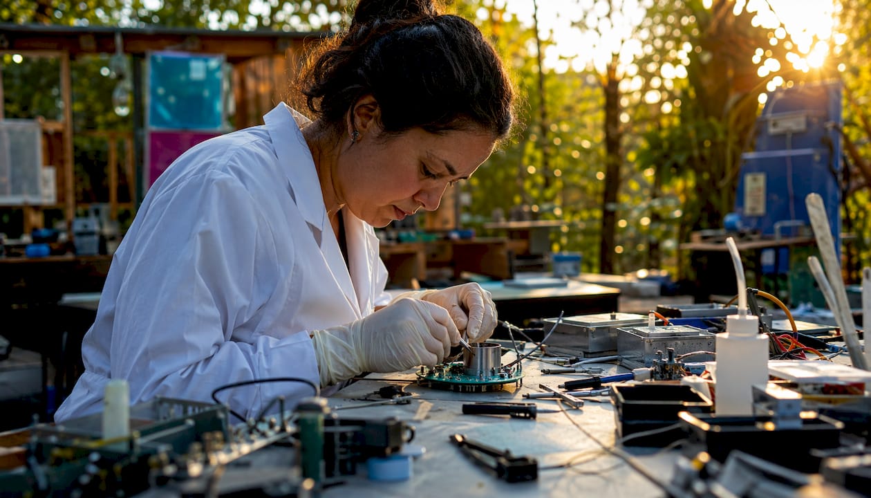 Technician fabricating custom thermal sensor in workshop