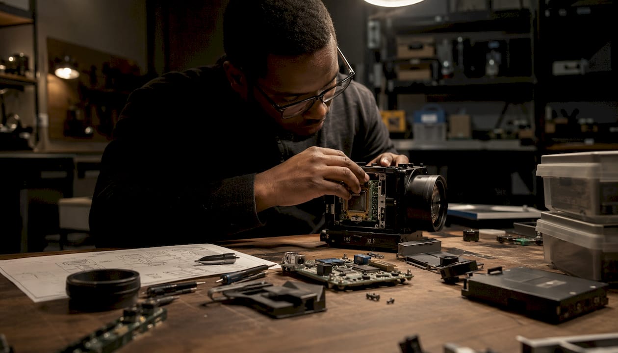 Technician assembling thermal camera components
